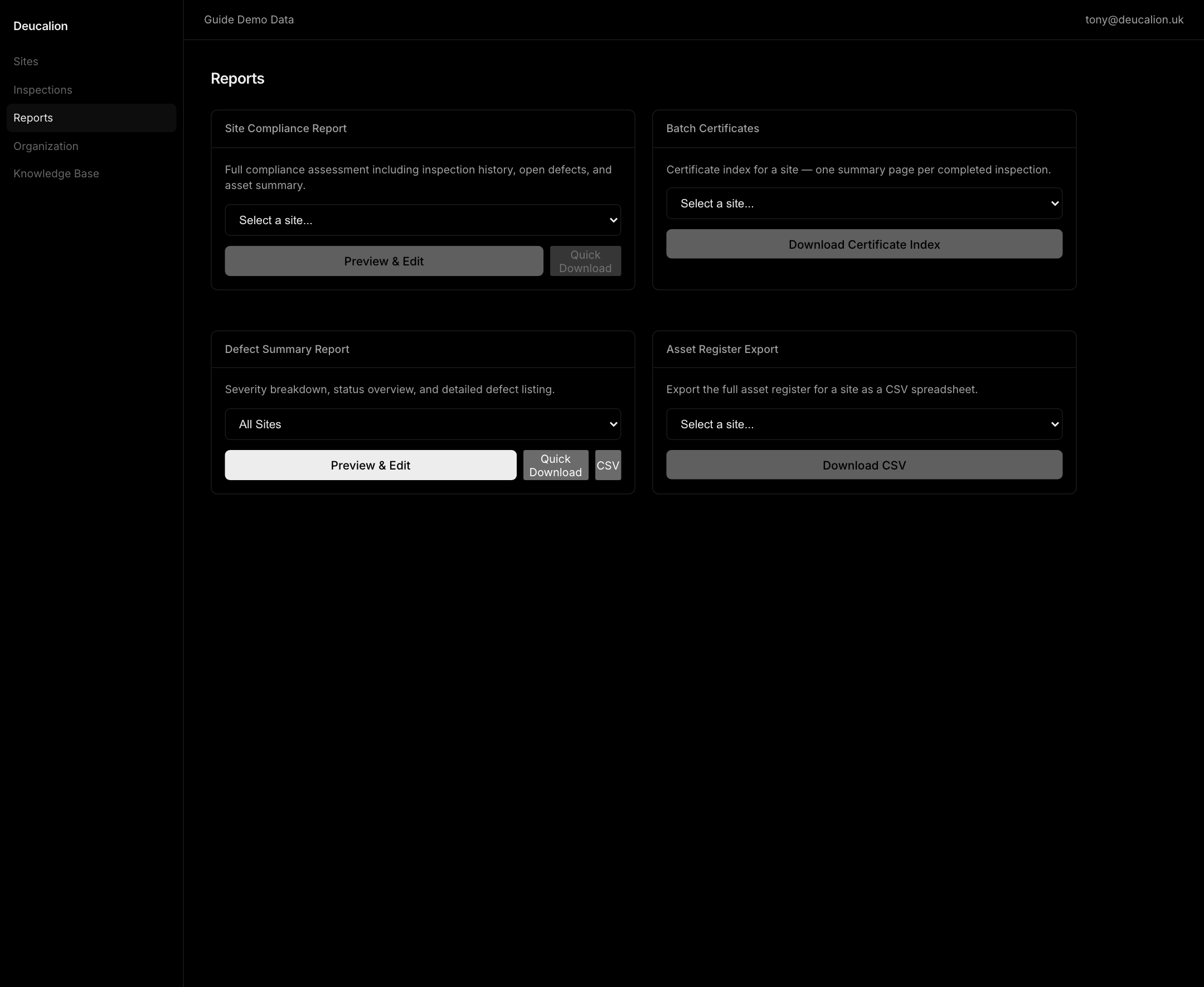 Deucalion admin Reports page