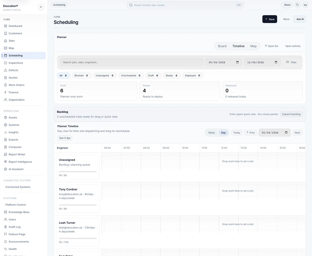 Deucalion scheduler day timeline view