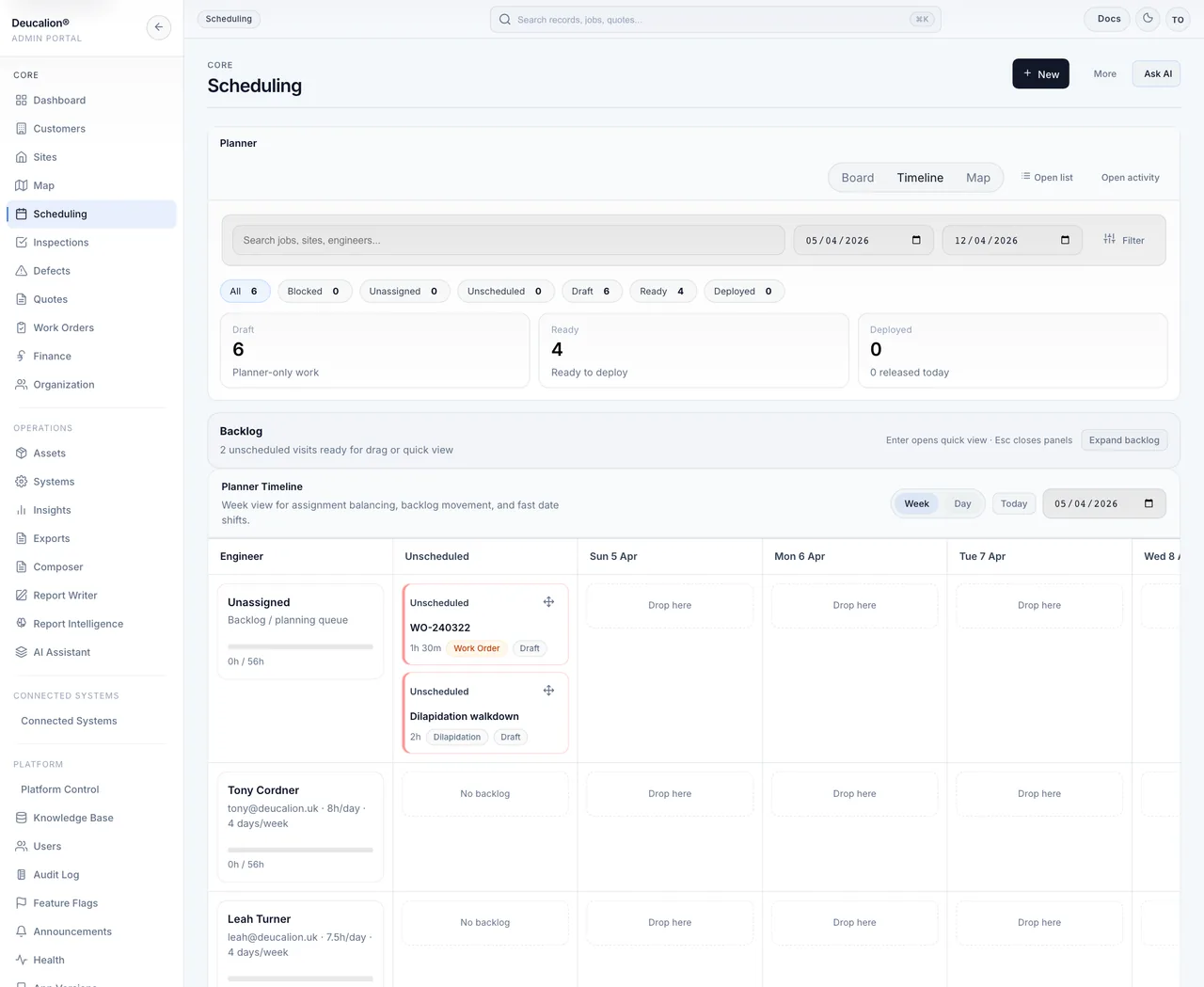 Deucalion scheduler week timeline view