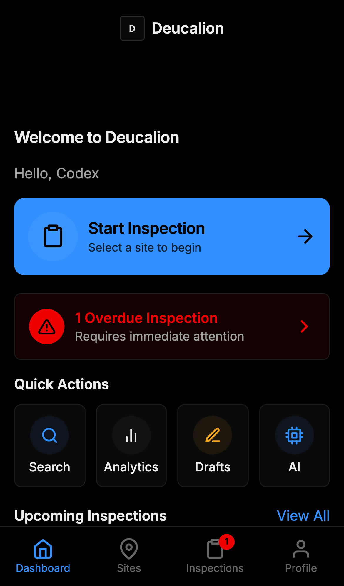 Deucalion mobile dashboard with operational overview