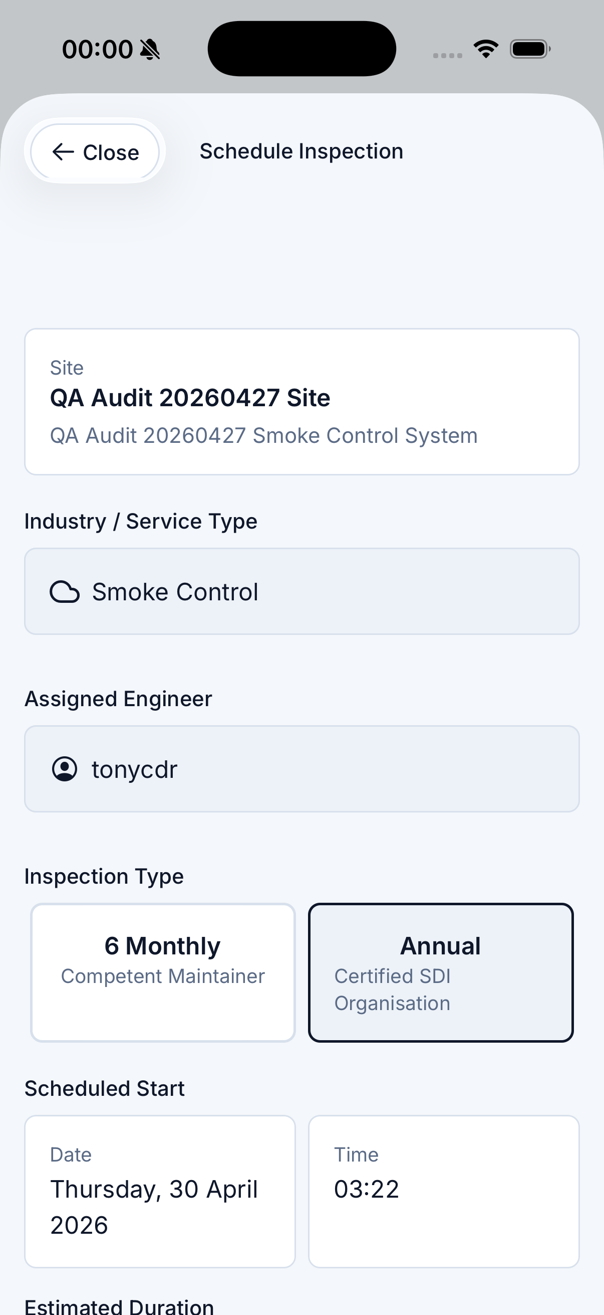 Native Schedule Inspection screen